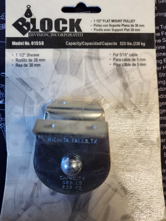 Block, 1-1/2" Pulley, 3/16" Cable, Mounted, Side Mount/Upright Mount, Pulling, Bolt-On, BLOCK DIVISION, Inc., Model No. 01558