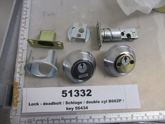 Lock, Deadbolt, Schlage, Double Cyl B662P, Keyed #56434, K D L Hardware, B662-626